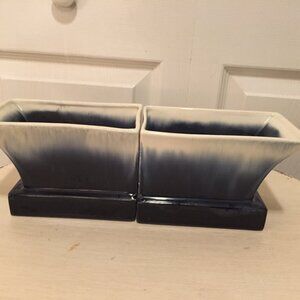 Red Wing Pottery Blue/White Drip Glaze Pair Footed Base Planters #2308 USA RARE